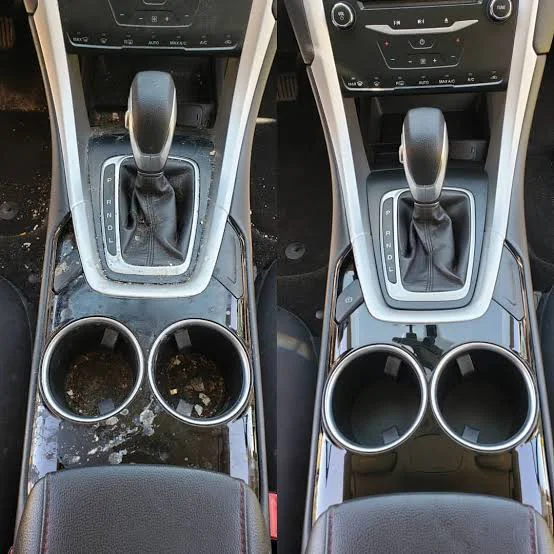 Before and after of a dirty center console and cupholders after a full detail