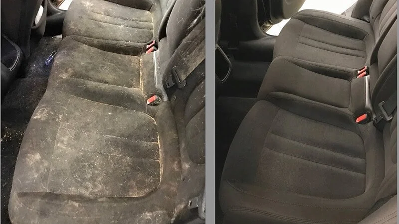 Before and after of heavily soiled rear seats restored by an interior detail